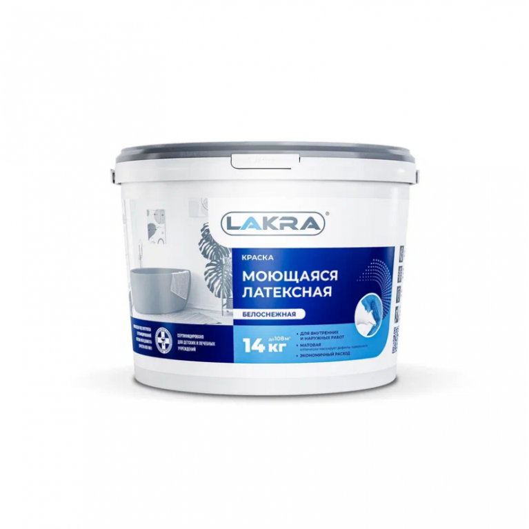 Краска моющаяся латексная белоснежная ЛАКРА®, 14 кг