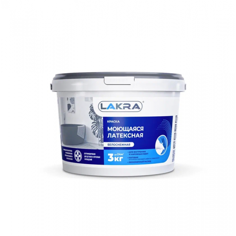 Краска моющаяся латексная белоснежная ЛАКРА®, 3 кг