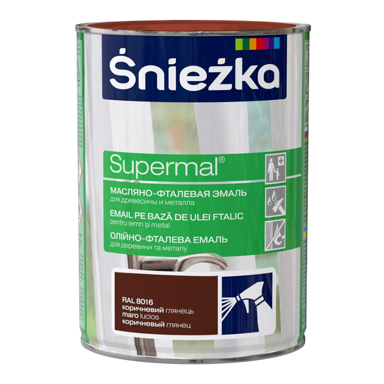 Эмаль Sniezka® Supermal масляно фталевая коричневая RAL8016 (0,8 л) для окон и дверей