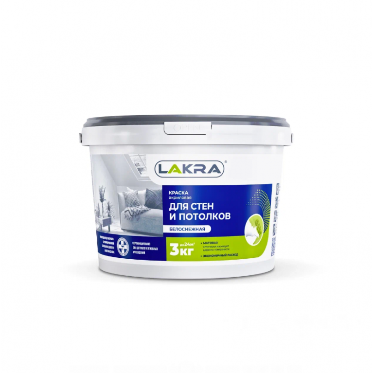 Краска акриловая для стен и потолков  ЛАКРА®, 3 кг