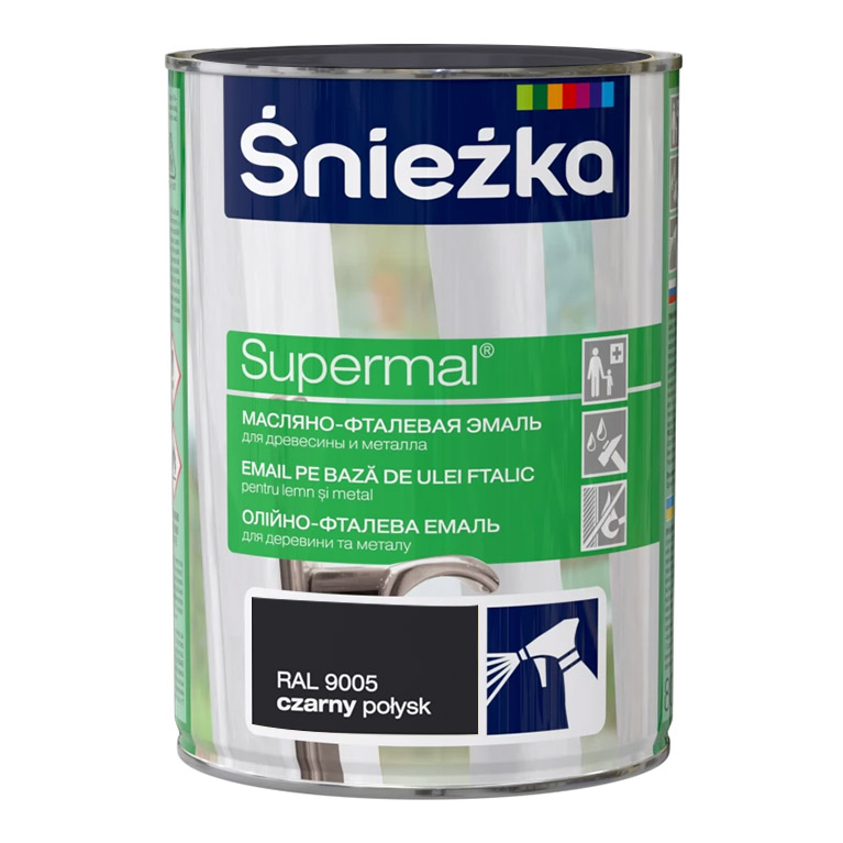Эмаль Sniezka® Supermal масляно фталевая черная RAL9005 (0,8 л) для окон и дверей