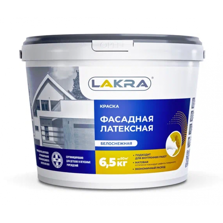 Краска фасадная латексная ЛАКРА® белоснежная, 6,5 кг